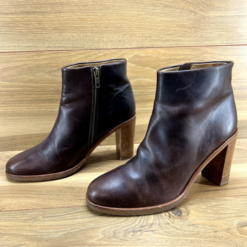 A.P.C. Rue Madame Paris 38.5 Brown Leather Block Heel Booties Ankle Zip